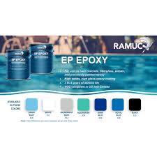 Nuancier des couleurs de la peinture époxy EP Ramuc pour piscine : bleue foncée, blanche, noire, bleue crépuscule, bleue royale, grise monument et verte eau
