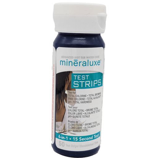 Bandelettes de test Minéraluxe 6 en 1 pour piscine et spa, 6 paramètres : chlore total, brome total, chlore libre, pH, alcalinité et dureté, boîte de 50 bandes.