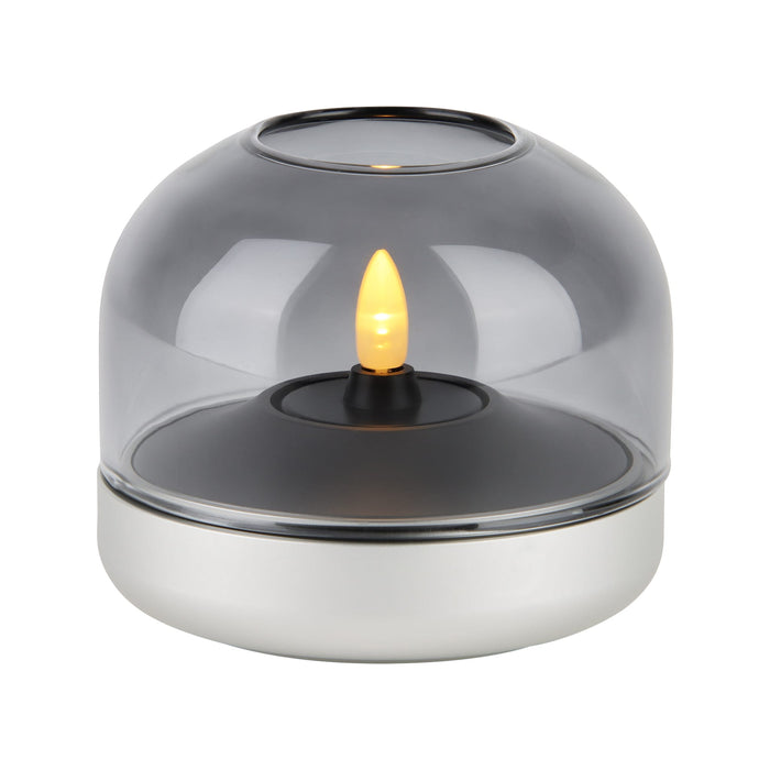 Kooduu Glow 08 candle holder in Frosted Silver: elegant Danish design with rechargeable LED candle for 100+ hours of safe ambiance.