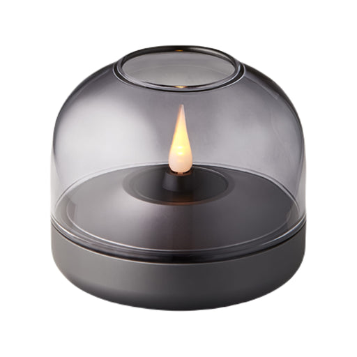 Kooduu Glow 08 candle holder in Smokey Grey: elegant Danish design with rechargeable LED candle for 100+ hours of safe ambiance.