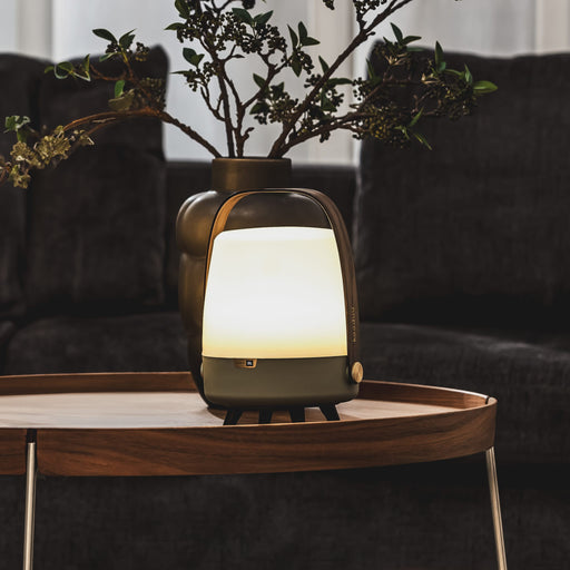 Kooduu Lite-up Play Mini: compact Bluetooth speaker lamp with JBL sound, warm LED light, and elegant wooden handle.