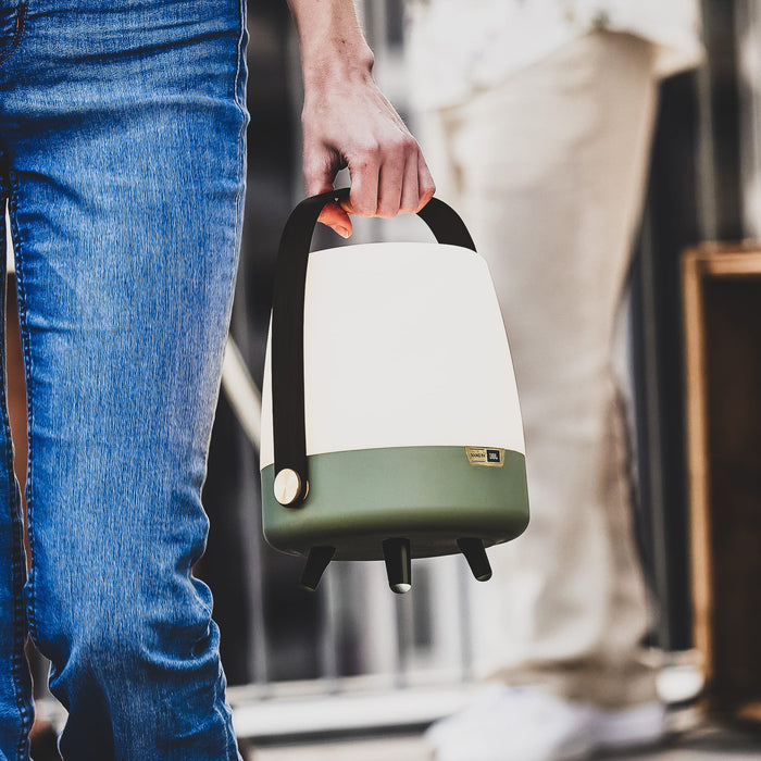 Kooduu Lite-up Play Mini: portable speaker lamp with JBL sound, Bluetooth connectivity, and a chic wooden handle design.