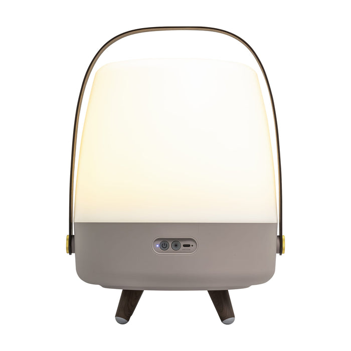 Kooduu Lite-up Play in Earth: JBL-powered Bluetooth speaker lamp with warm LED light, wooden handle, and elegant Scandinavian design.