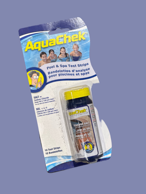 Bandelettes d’analyse AquaChek Sel pour piscines avec électrolyseur, mesure de la salinité de 400 à 7000 ppm, flacon de 10 ou 50 bandes.