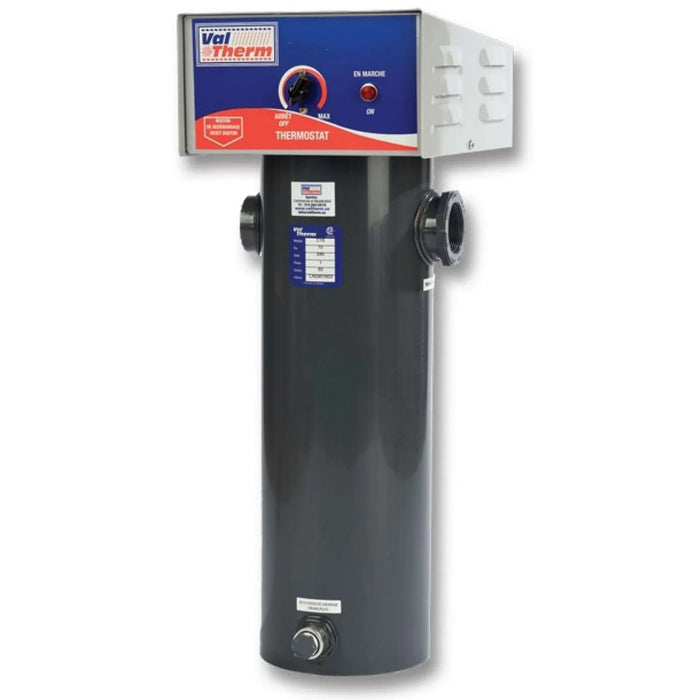 Chauffe-eau électrique Valtherm Modèle C avec thermostat mécanique et élément acier, disponible en 5 kW, 10 kW et 15 kW pour piscine