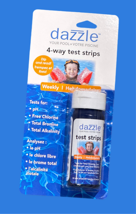 Bandelettes de test Dazzle DAZ07001 pour piscine et spa, 4 paramètres : chlore, brome, pH et alcalinité, boîte de 50 bandes.