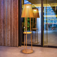 Load image into Gallery viewer, Discover the convenience and style of Okinawa 170, a cable-free bamboo floor lamp with a built-in solar panel and a handy auxiliary tray.
