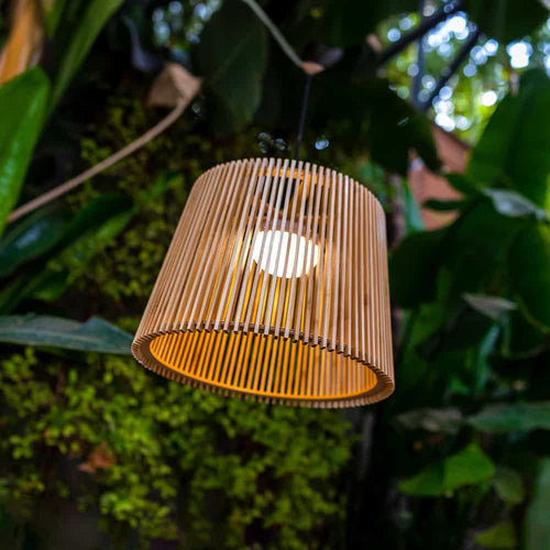 Okinawa Hang by Newgarden: Handmade bamboo pendant lamp with wireless, rechargeable Cherry bulb and 3-meter cord, perfect for outdoor spaces.